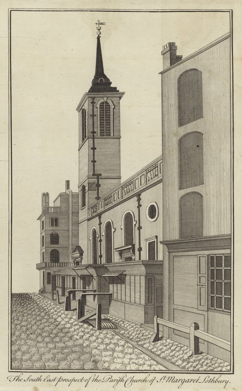 Sørøst-prospektet til Parish Church of St Margaret Lothbury, London av English School