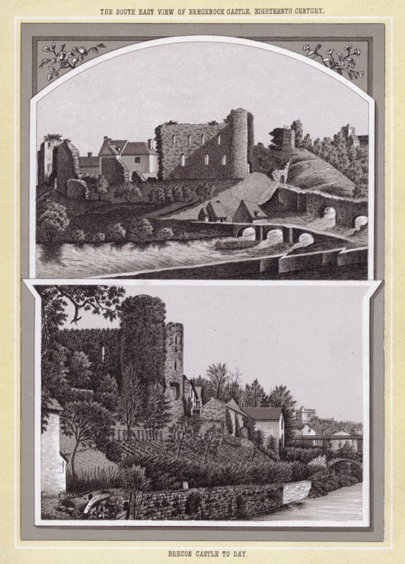The South East View of Brecknock Castle, Attende århundre; Brecon Castle i dag (litho) av English School