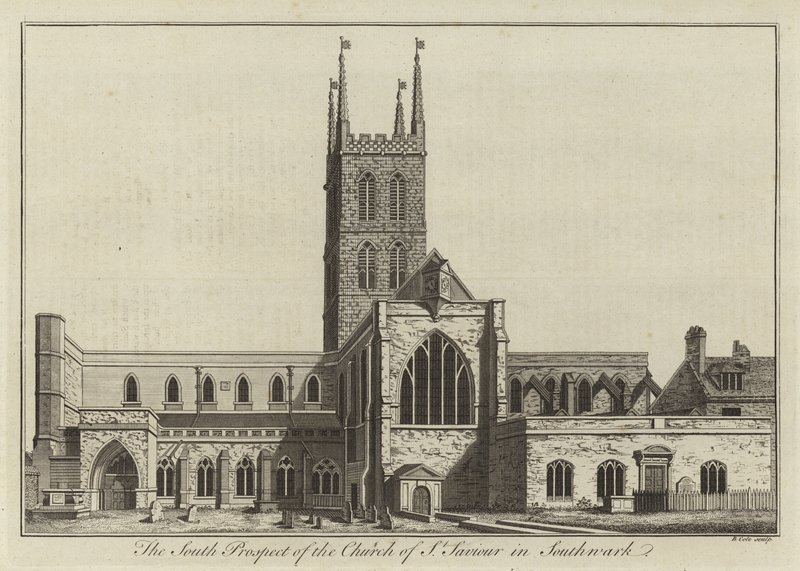 Sørprospektet til Church of St Saviour i Southwark av English School