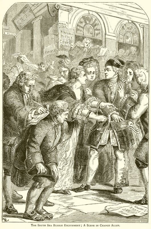 The South Sea Bubble Spenning; En scene i Change Alley av English School