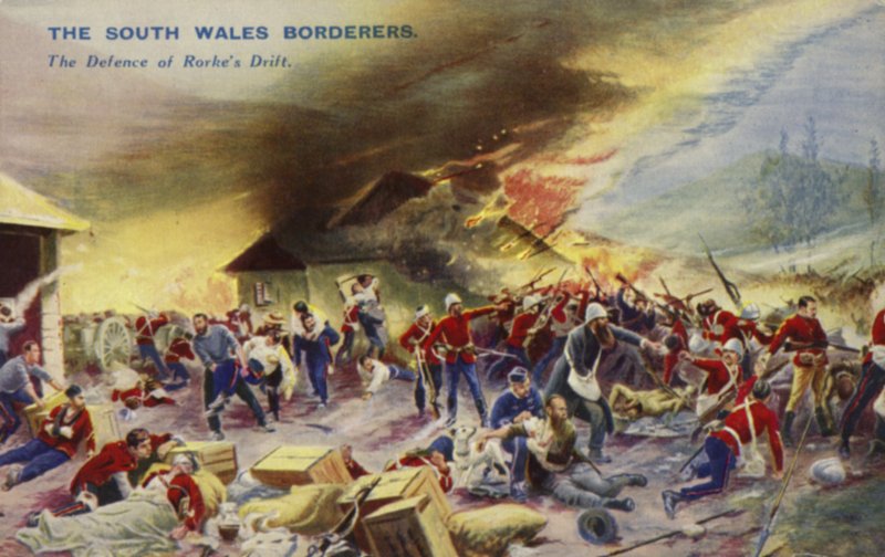 The South Wales Borderers ved Defense of Rorkes Drift, Sør-Afrika, Zulu-krigen, 1879 av English School