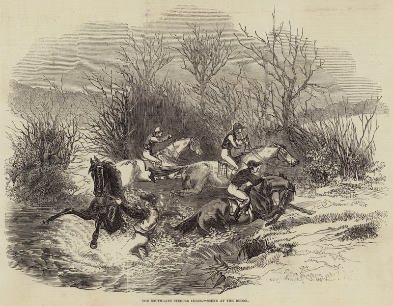 The Southgate Steeple Chase, scene ved bekken (gravering) av English School