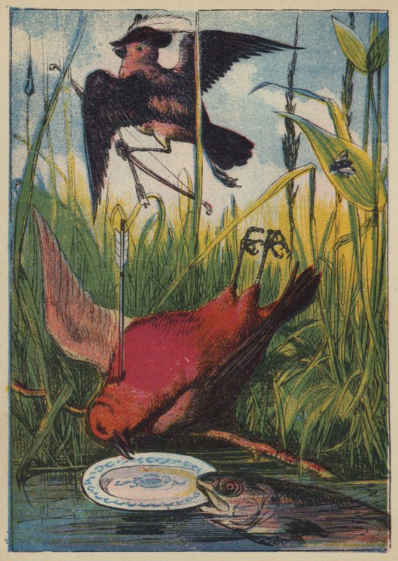 Sparrow, Cock Robin og fisken (farge litho) av English School