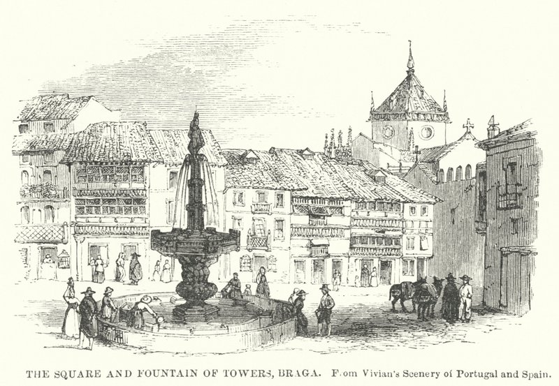 Torget og tårnfontenen, Braga (gravering) av English School