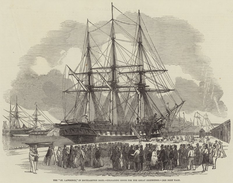 "St Lawrence," i Southampton Dock, losser varer til den store utstillingen (gravering) av English School