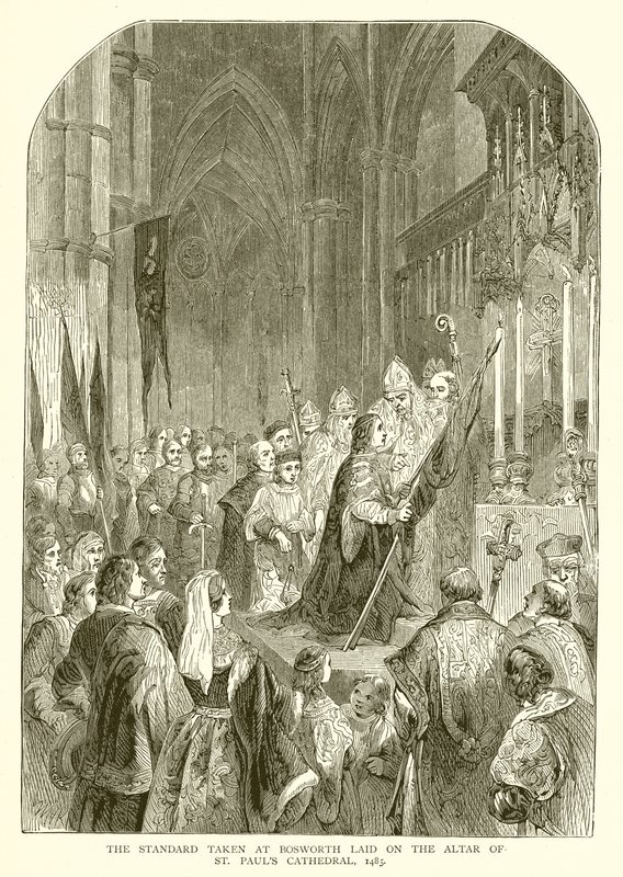 Standarden tatt ved Bosworth lagt på alteret til St. Pauls Cathedral, 1485 av English School