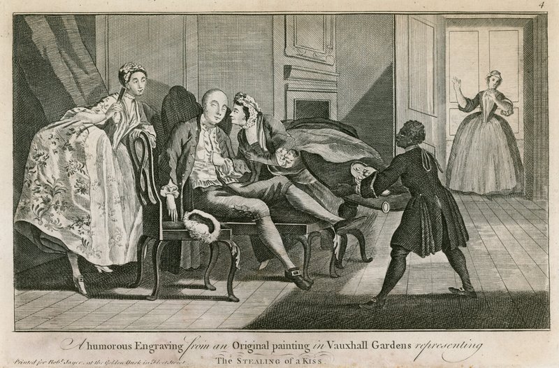 The Stealing of a Kiss: En humoristisk gravering fra et originalt maleri i Vauxhall Gardens, London av English School