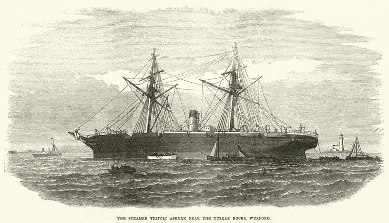 Steamer Tripoli Ashore nær Tuskar Rocks, Wexford (gravering) av English School