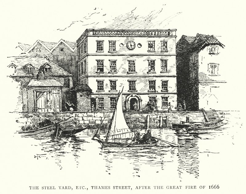 The Steel Yard, etc, Thames Street, etter den store brannen i 1666 (gravering) av English School