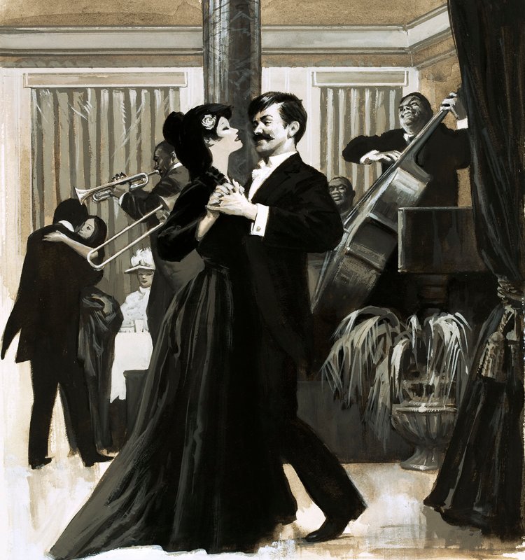 The Story of Jazz: danse "cakewalk" (gouache på papir) av English School