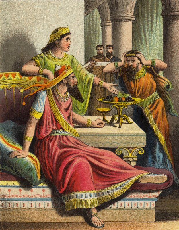 Historien om dronning Esther: Esther anklager Haman (farge litho) av English School