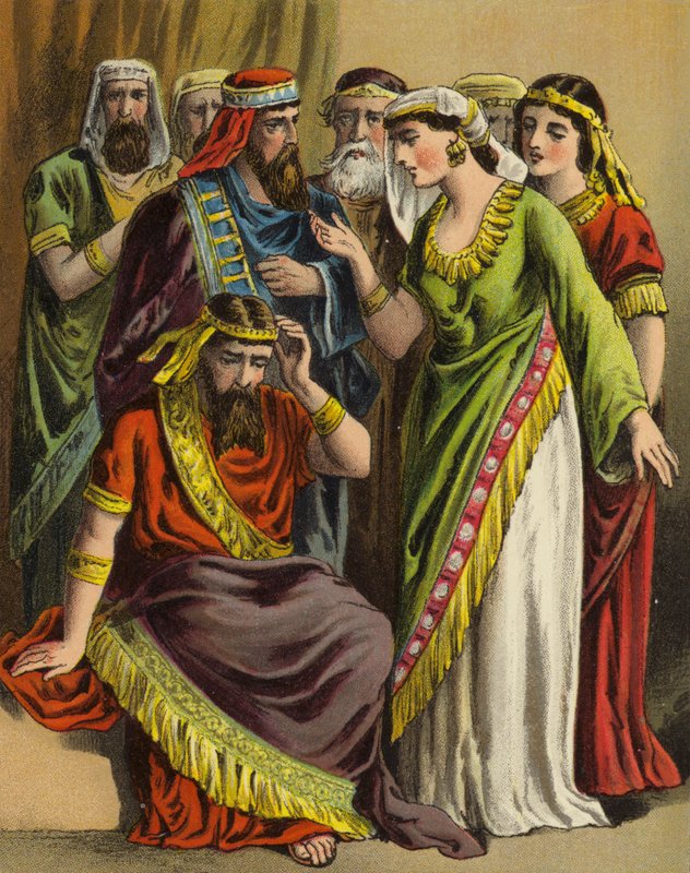 Historien om dronning Ester: Haman legger sin klage til sin kone Zeresh og alle vennene hans (farge litho) av English School