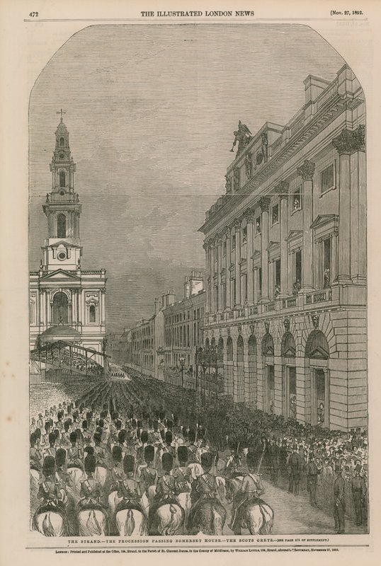 The Strand - prosesjonen som passerer Somerset House - Scots Greys av English School