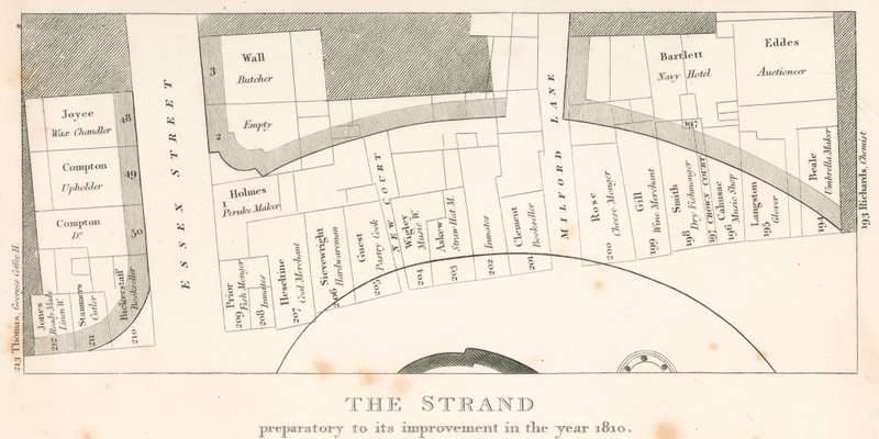 The Strand, London, før det ble forbedret i år 1810; plan for området av English School