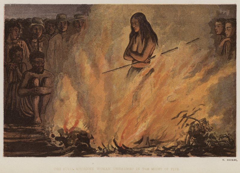Sukia Medicine Woman uskadd midt i brannen (farge litho) av English School