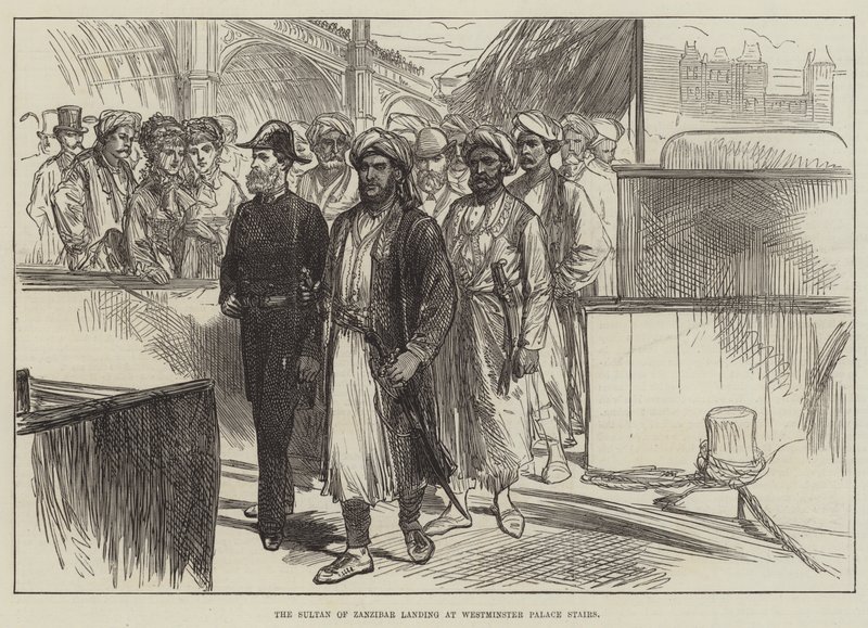 Sultanen av Zanzibar lander ved Westminster Palace Stairs (gravering) av English School