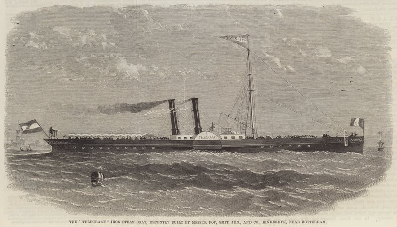 "Telegraaf" Iron Steam-Boat, nylig bygget av Messers Fop, Smit, Junior and Company, Kinderdyk, nær Rotterdam (gravering) av English School