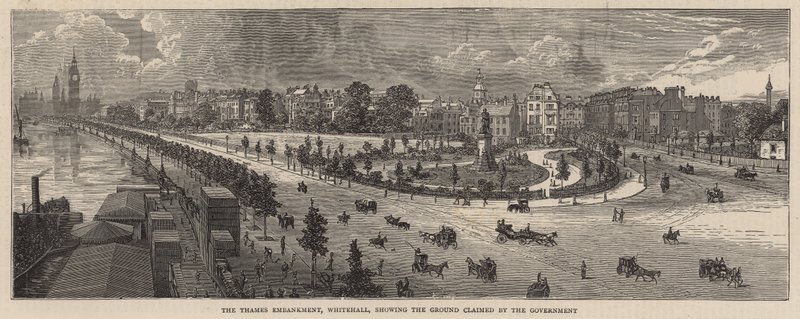 The Thames Embankment, Whitehall, viser grunnen som er gjort krav på av regjeringen av English School