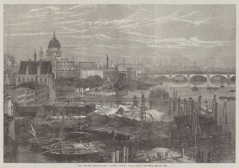 The Thames Embankment Works, sett fra King's College (gravering) av English School