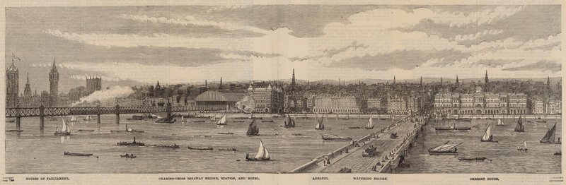 Themsen Embankment på nordsiden av Themsen fra Palace of Westminster til Blackfriars Bridge av English School