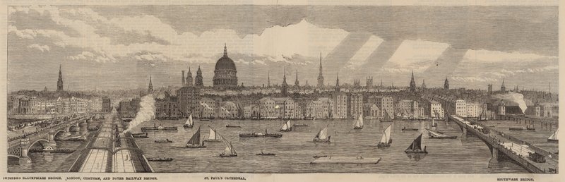 Themsen Embankment på nordsiden av Themsen fra Palace of Westminster til Blackfriars Bridge av English School