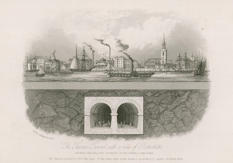 Themsen-tunnelen med utsikt over Rotherhithe av English School