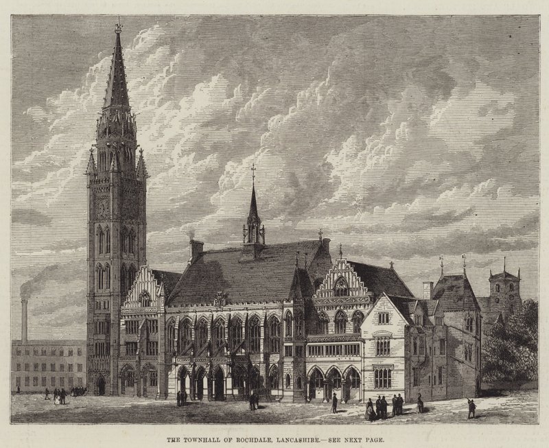 Rådhuset i Rochdale, Lancashire (gravering) av English School