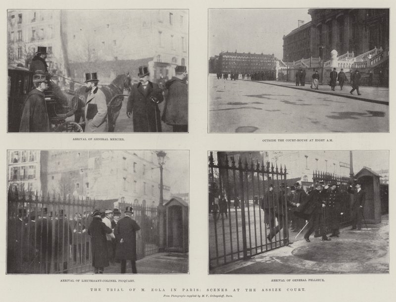 Rettssaken mot M Zola i Paris, scener ved Assize-domstolen (gravering) av English School