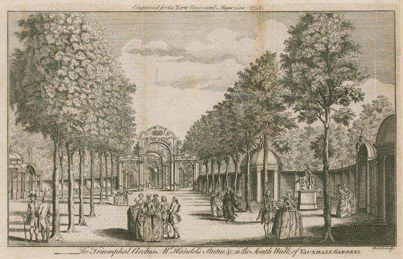 Triumfbuene, Mr Handels Statue, i South Walk of Vauxhall Gardens, London av English School