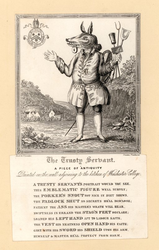 The Trusty Servant, maleri av 1579 av den engelske poeten John Hoskins på veggen ved siden av kjøkkenet til Winchester College, Hampshire (gravering) av English School