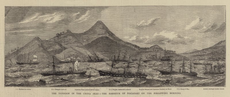 Tyfonen i Kinahavet, havnen i Nagasaki den følgende morgenen (gravering) av English School