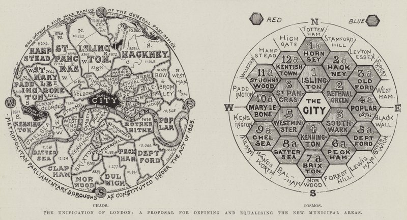 The Unification of London, et forslag for å definere og utjevne de nye kommunale områdene (gravering) av English School
