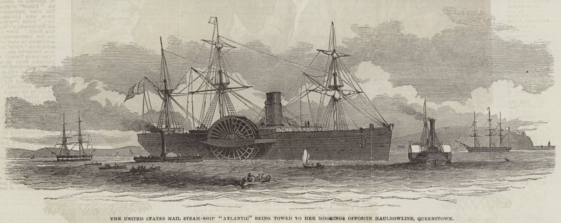United States Mail Steam-Ship "Atlantic" blir slept til fortøyningene sine overfor Haulbowline, Queenstown (gravering) av English School