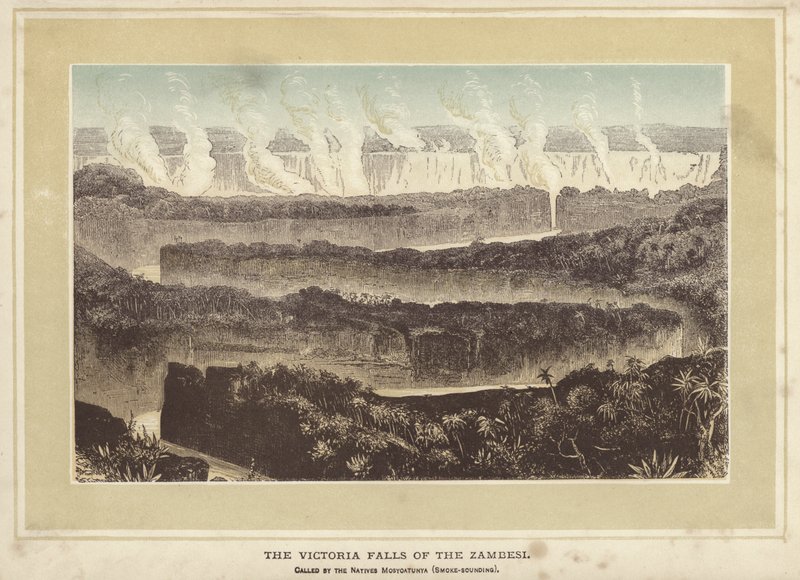 Victoria Falls of the Zambesi, kalt av de innfødte Mosyoatunya, røyklydende (farget gravering) av English School