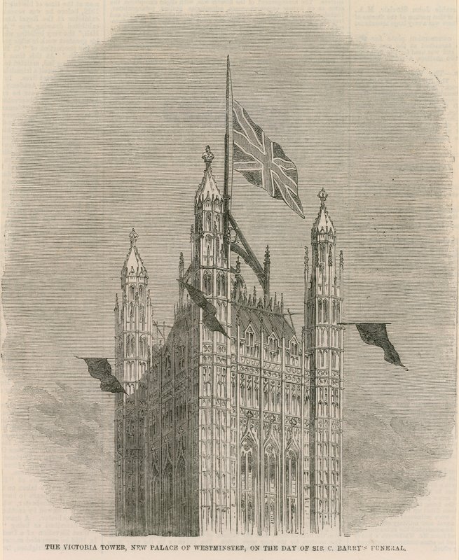 Victoria Tower, det nye palasset i Westminster, på dagen for Sir C Barnets begravelse av English School
