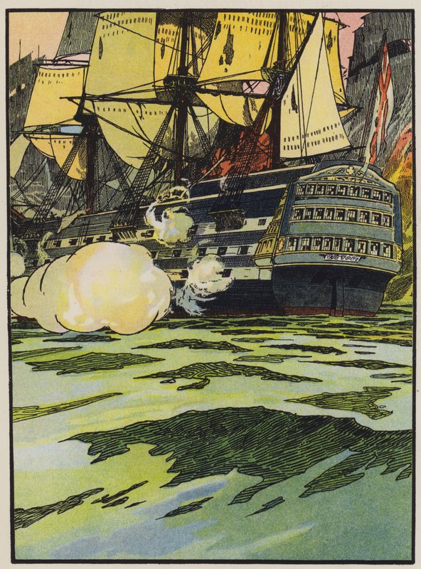 The Victory at Trafalgar (farge litho) av English School
