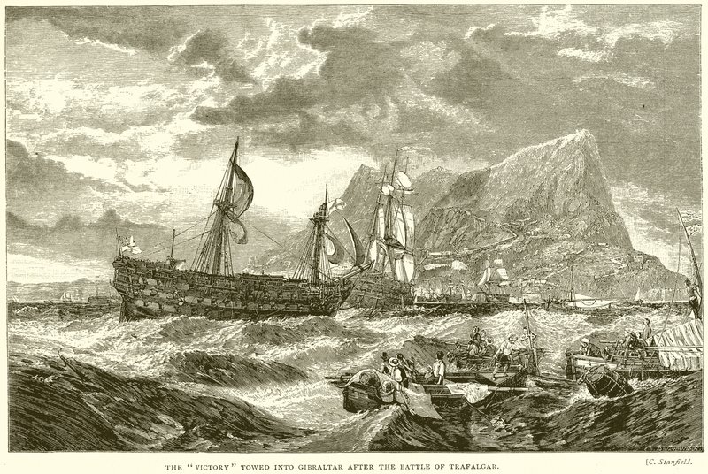 Seieren ble slept inn i Gibraltar etter slaget ved Trafalgar av English School