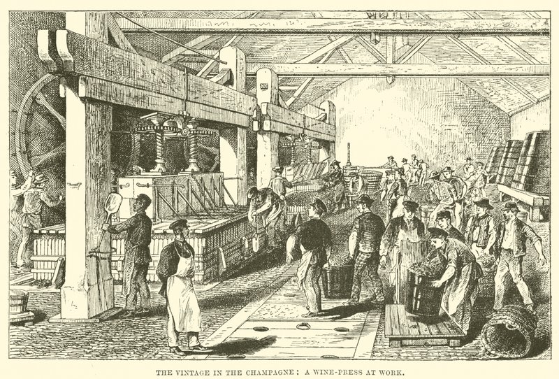The Vintage in the Champagne: A Wine-Press at Work (gravering) av English School