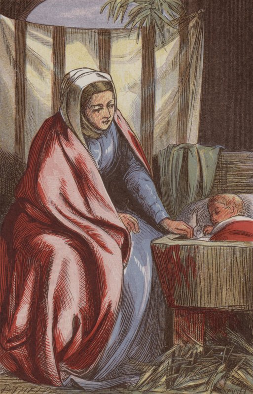 Jomfru Maria ser på den sovende spedbarnsfrelseren (farget gravering) av English School