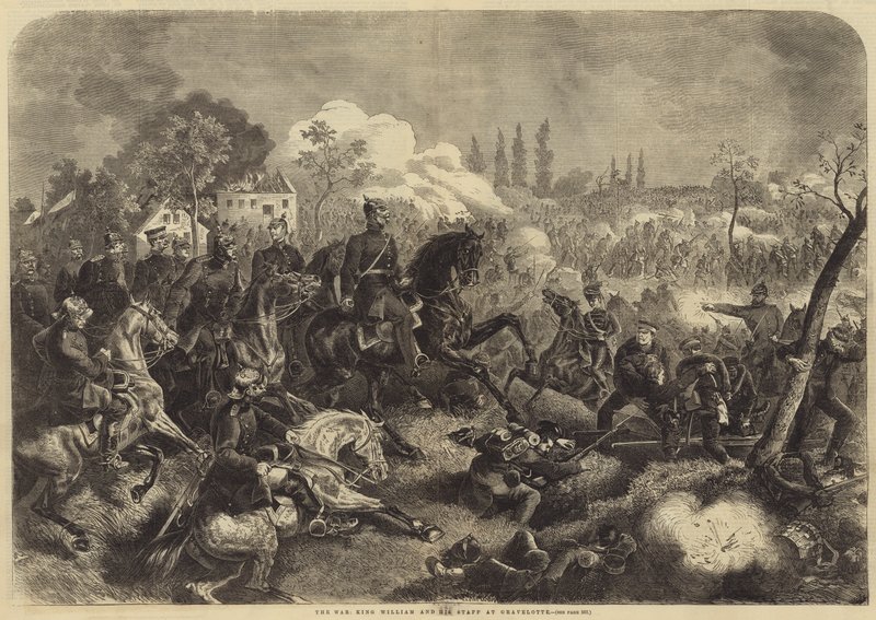 Krigen, kong William og hans stab på Gravelotte (gravering) av English School