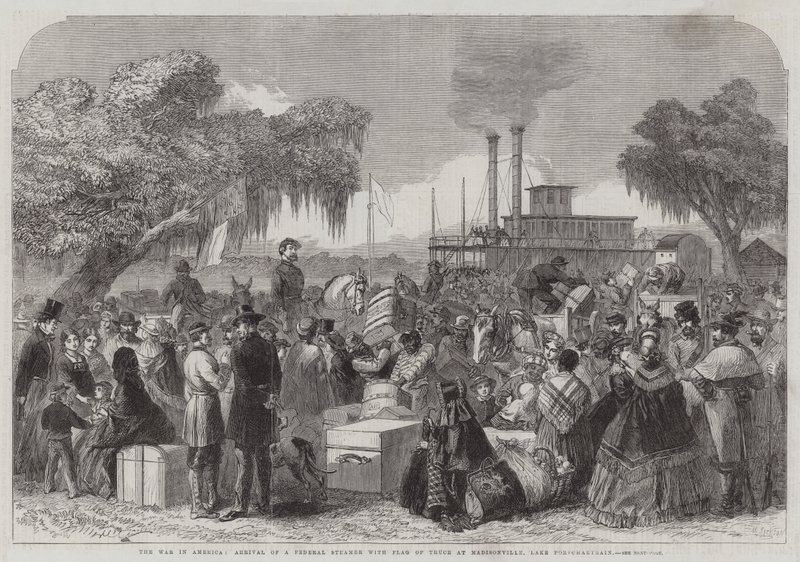 The War in America, Ankomst av en føderal dampbåt med våpenhvileflagg ved Madisonville, Lake Portchartrain (gravering) av English School