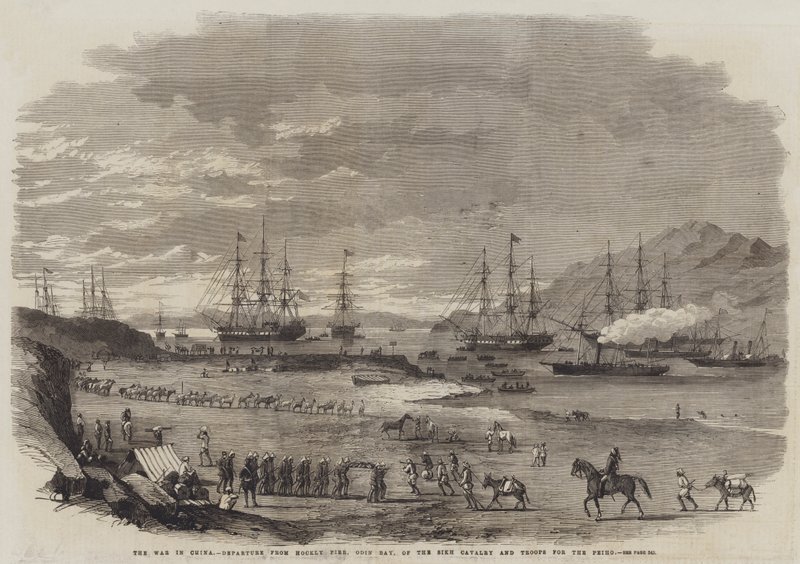 Krigen i Kina, avgang fra Hockly Pier, Odin Bay, av Sikh-kavaleriet og troppene for Peiho (gravering) av English School