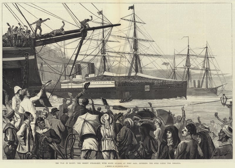 Krigen i Egypt, Orient Steam-Ship, med Scots Guards, ved Port Said, inn i Suez-kanalen for Ismailia (gravering) av English School