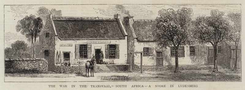 The War in the Transvaal, Sør-Afrika, en butikk i Lydenberg (gravering) av English School