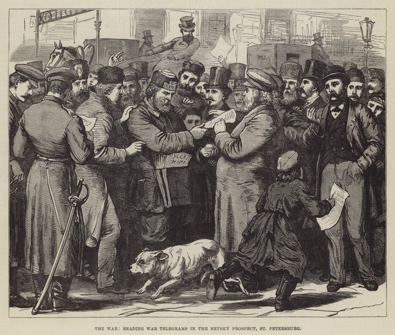 The War, lesing War Telegrams in the Nevsky Prospect, St Petersburg (gravering) av English School