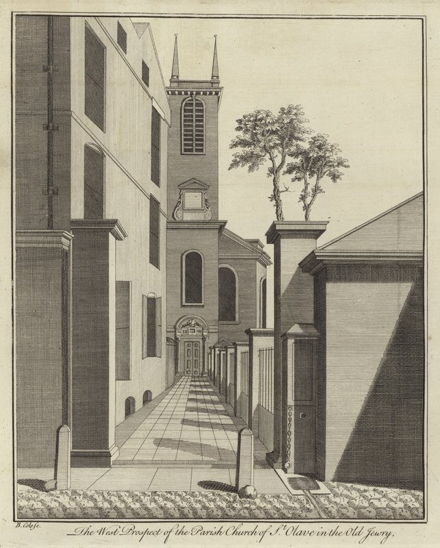 The West Prospect of Parish Church of St Olave i Old Jewry, London av English School
