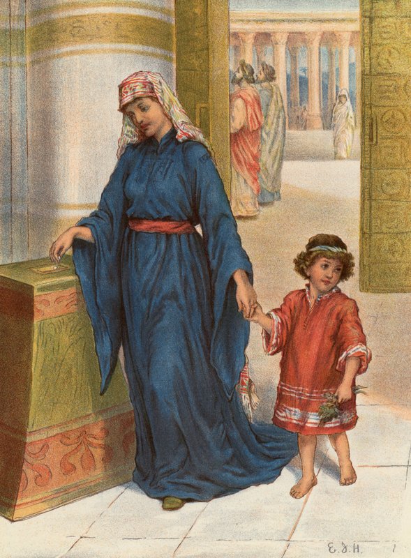 Enkemidden, St Mark, XII, 42 (farge litho) av English School