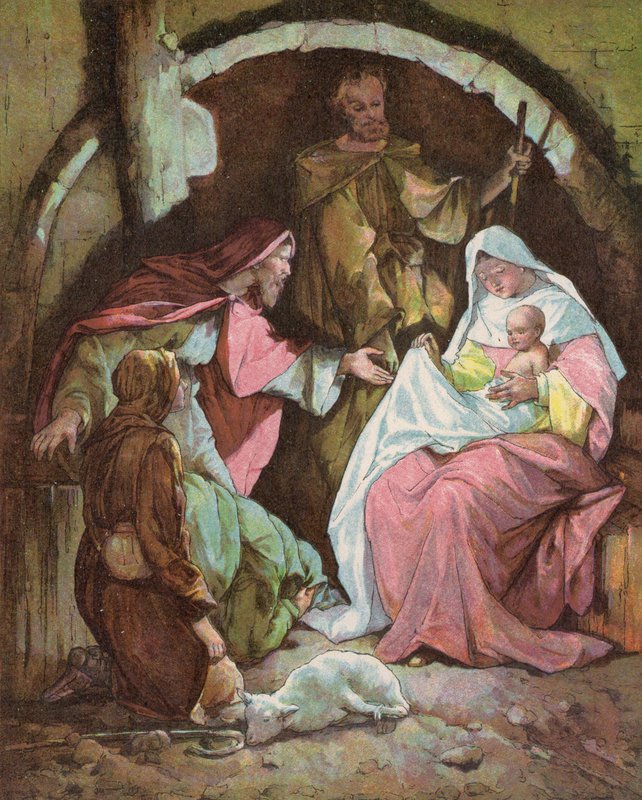 De vise menn finner Jesusbarnet (farge litho) av English School