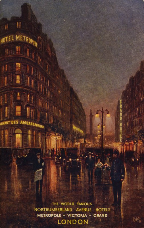 De verdensberømte Northumberland Avenue-hotellene, Metropole, Victoria, Grand, London (fargelitografi) av English School