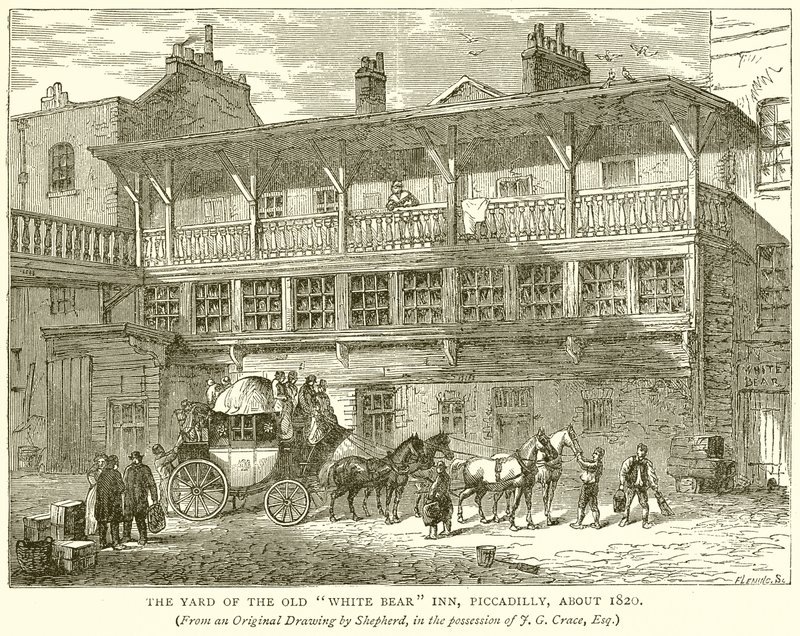 The Yard of the Old White Bear Inn, Piccadilly, rundt 1820 av English School